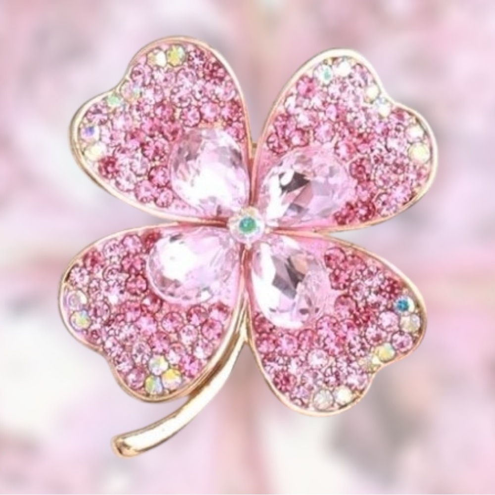 New Luxury Clover Brooch Pink Sparkling Rhinestone Gold Tone Brooch